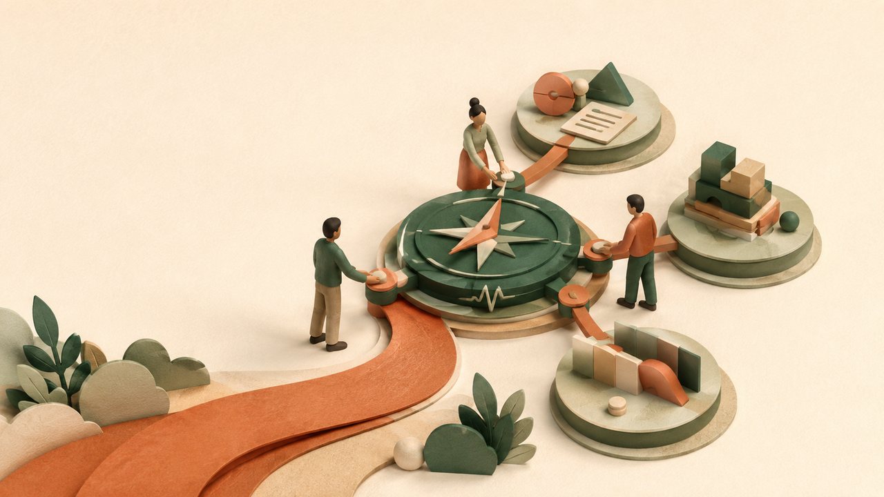 Illustration Camin Pulse : une équipe aligne produit, tech et delivery autour d'une direction commune