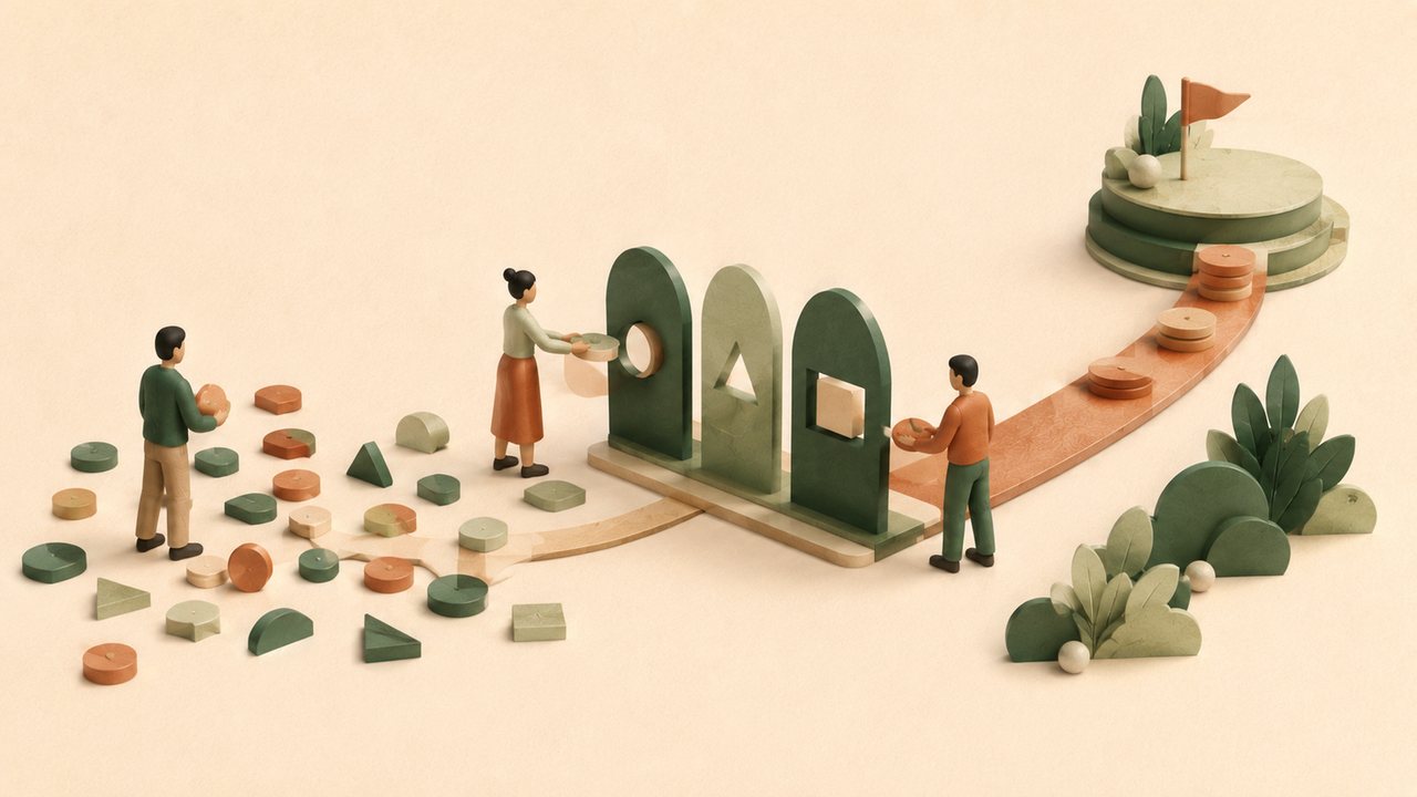 Illustration Camin Pulse d'une roadmap priorisée : une équipe transforme des initiatives dispersées en trajectoire commune